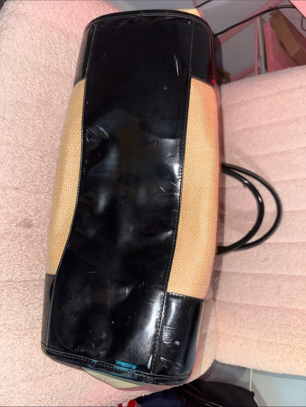 Tory Burch Tan Tote with Black Patent Logo and Trim